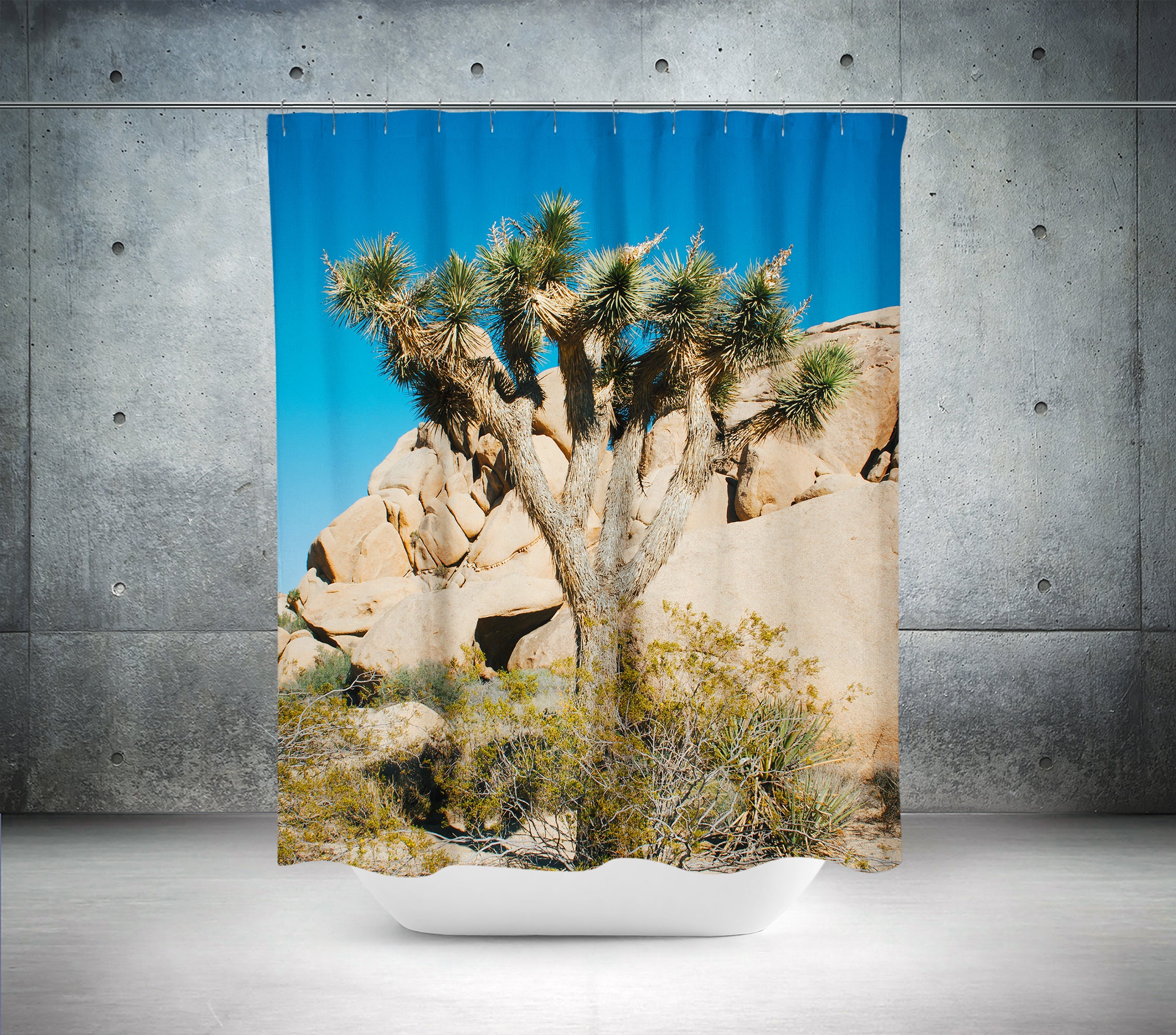 Joshua Tree Cactus Desert Shower Curtain with Southwest Bathroom and Adobe House Decor