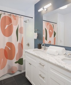 Juicy Peaches and Leaves Shower Curtain for Fruit Bathroom Decor