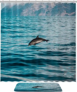 Jumping Black Dolphin Printed Bathroom Tub Set With Waterproof Fabric Shower Curtain