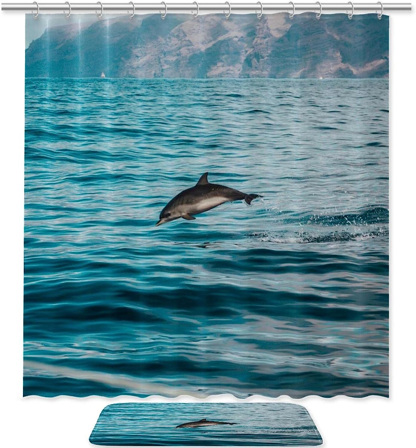 Jumping Black Dolphin Printed Bathroom Tub Set With Waterproof Fabric Shower Curtain