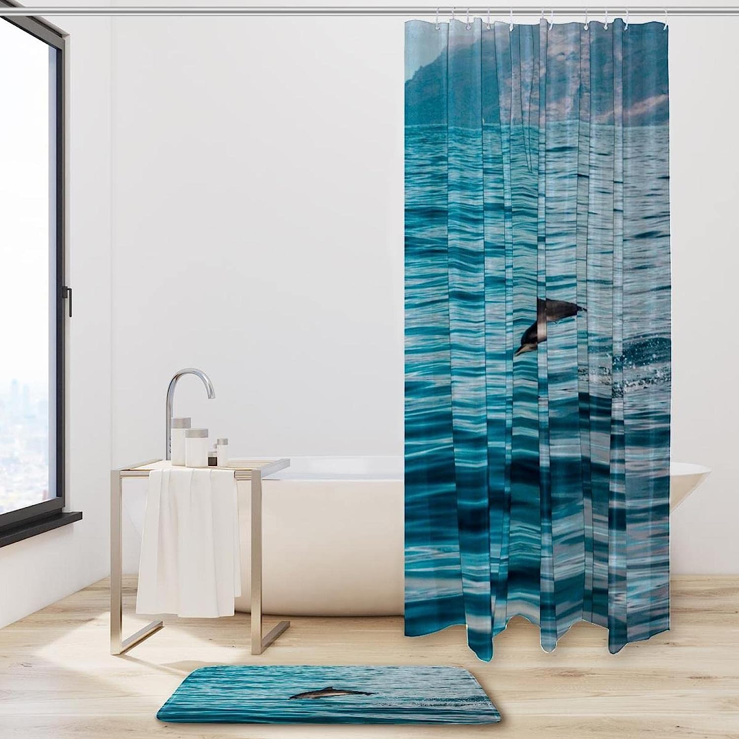 Jumping Black Dolphin Printed Bathroom Tub Set With Waterproof Fabric Shower Curtain - Image 2