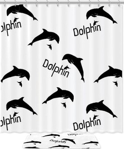 Jumping Dolphin Silhouette Printed Bathroom Tub Set With Waterproof Fabric Shower Curtain