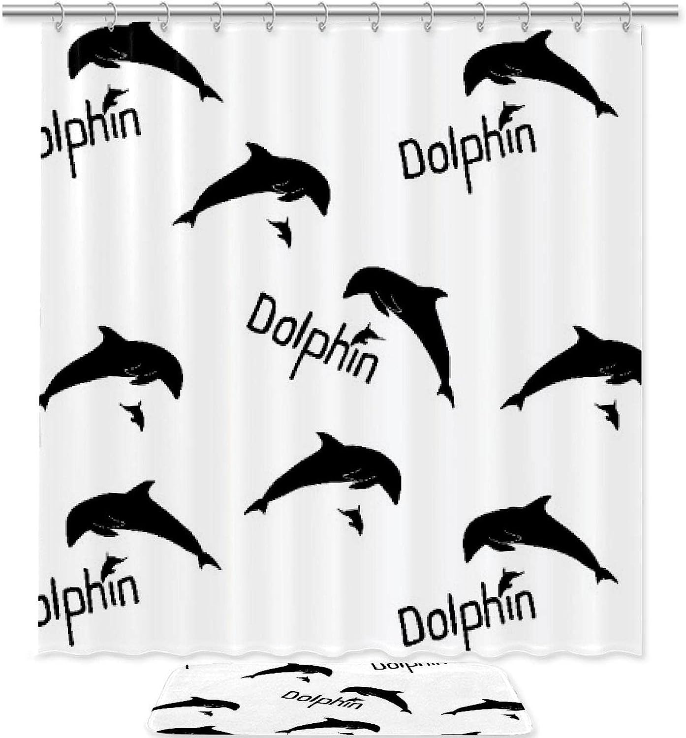 Jumping Dolphin Silhouette Printed Bathroom Tub Set With Waterproof Fabric Shower Curtain