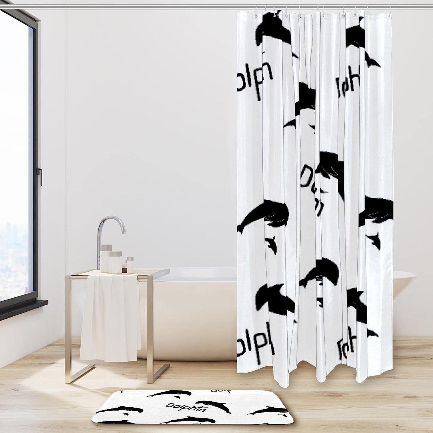 Jumping Dolphin Silhouette Printed Bathroom Tub Set With Waterproof Fabric Shower Curtain - Image 2