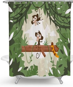 Jungle Animal Ape Monkey on Tree Green Cute Monkeys Shower Curtain for Bathroom Decor 