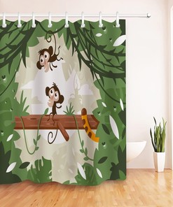Jungle Animal Ape Monkey on Tree Green Cute Monkeys Shower Curtain for Bathroom Decor