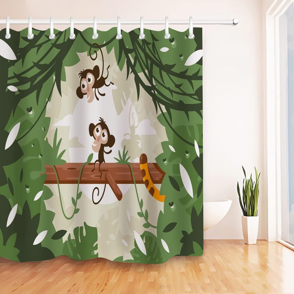 Jungle Animal Ape Monkey on Tree Green Cute Monkeys Shower Curtain for Bathroom Decor