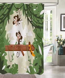 Jungle Animal Ape Monkey on Tree Green Cute Monkeys Shower Curtain for Bathroom Decor