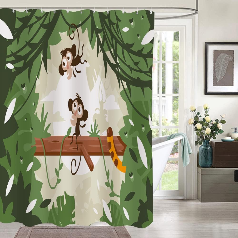Jungle Animal Ape Monkey on Tree Green Cute Monkeys Shower Curtain for Bathroom Decor