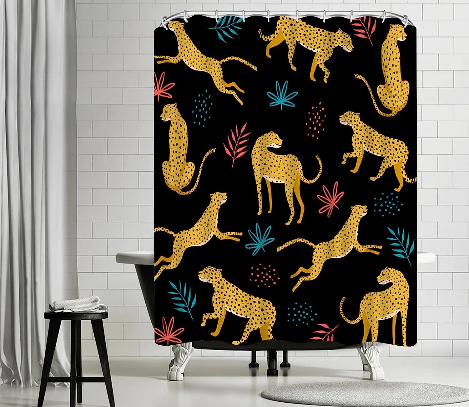 Jungle Animal Bath Curtain with Rustic Black Elk Moose Deer Bear Design for Bathroom Decor