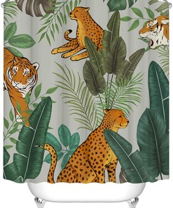 Jungle Animal Shower Curtain Fabric with Jaguar Leopard Tiger Design for Bathroom Decor