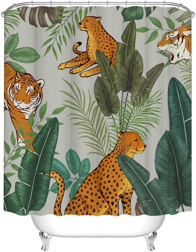 Jungle Animal Shower Curtain Fabric with Jaguar Leopard Tiger Design for Bathroom Decor