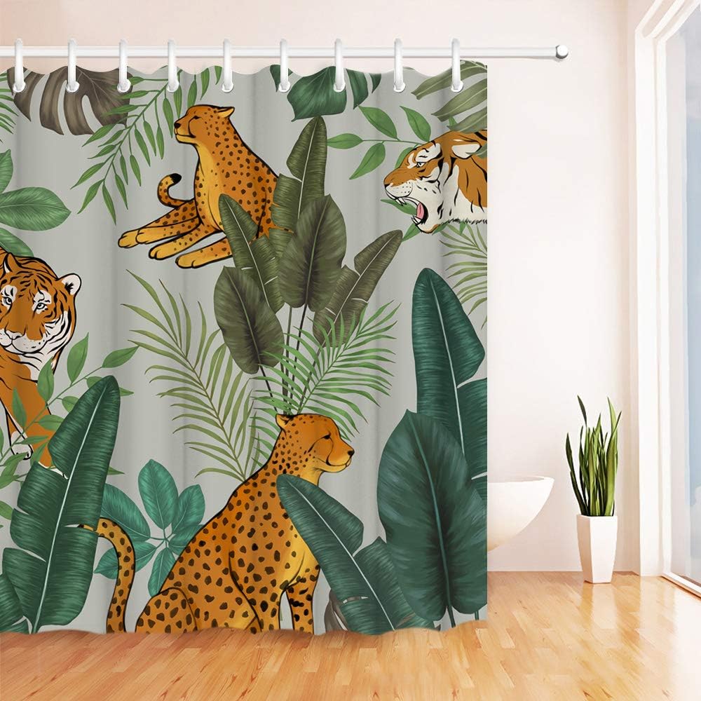 Jungle Animal Shower Curtain Fabric with Jaguar Leopard Tiger Design for Bathroom Decor