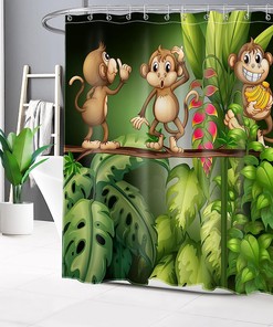 Jungle Animals Print Shower Curtain, Green Leaves Tropical Plants Bathroom Decor Fabric Panel With Hooks - Ecotob
