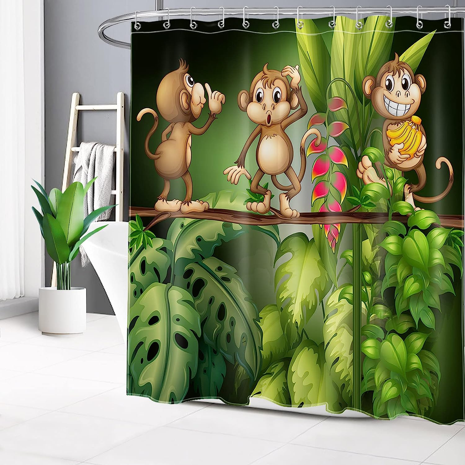 Jungle Animals Print Shower Curtain, Green Leaves Tropical Plants Bathroom Decor Fabric Panel With Hooks - Ecotob