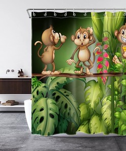Jungle Animals Print Shower Curtain, Green Leaves Tropical Plants Bathroom Decor Fabric Panel With Hooks - Ecotob