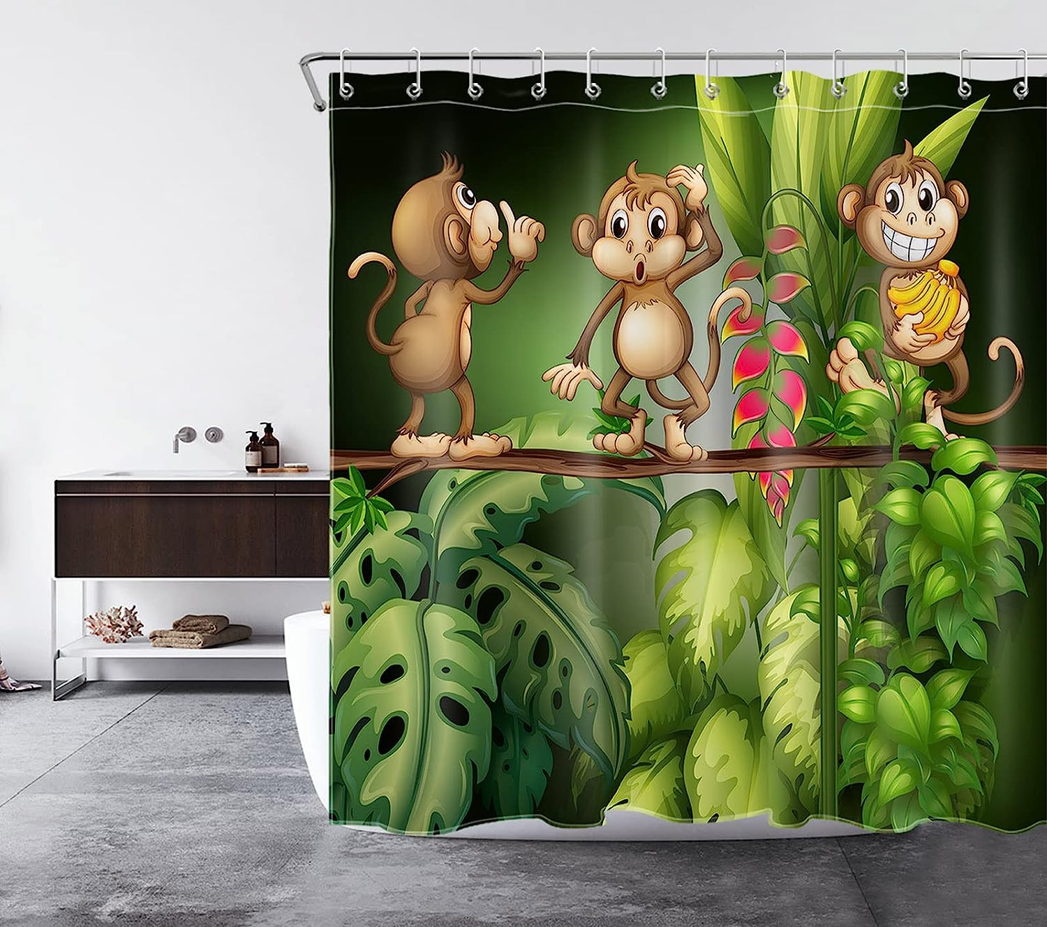 Jungle Animals Print Shower Curtain, Green Leaves Tropical Plants Bathroom Decor Fabric Panel With Hooks - Ecotob