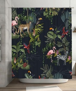 Jungle Animals Shower Curtain Monkey Flamingo Zebra Flowers Trees, Bathtub Decorative Fabric Waterproof Curtain 