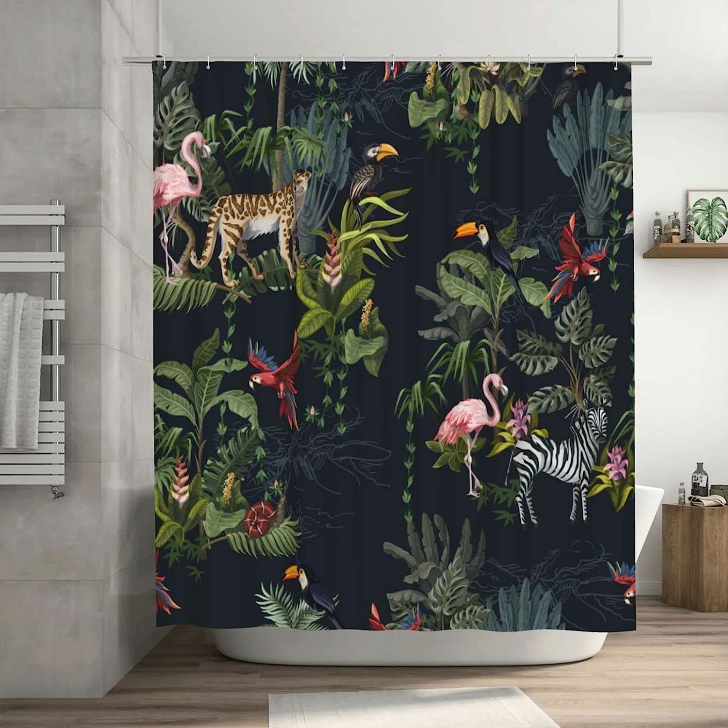 Jungle Animals Shower Curtain Monkey Flamingo Zebra Flowers Trees, Bathtub Decorative Fabric Waterproof Curtain