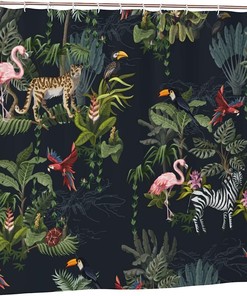 Jungle Animals Shower Curtain Monkey Flamingo Zebra Flowers Trees, Bathtub Decorative Fabric Waterproof Curtain