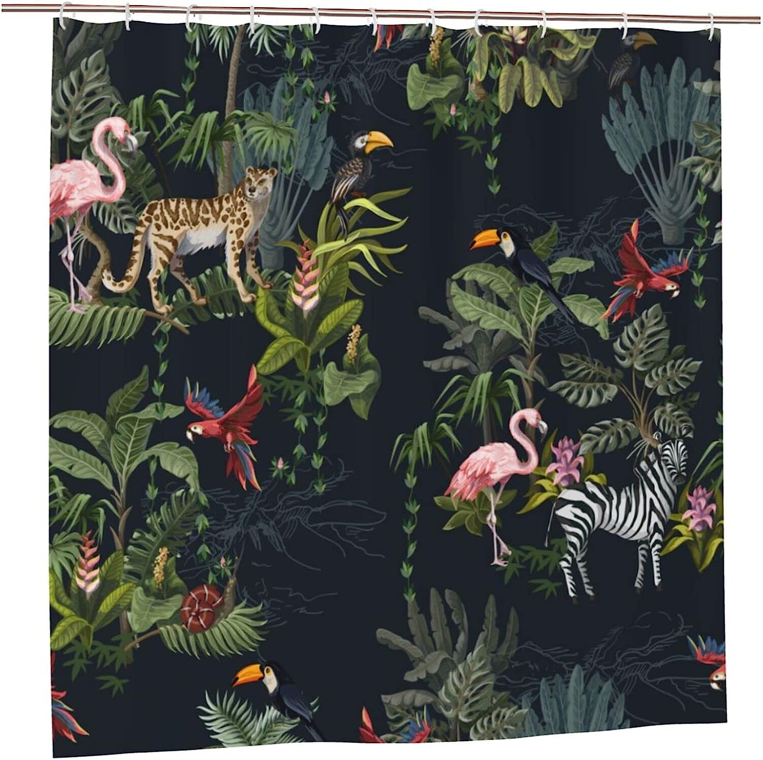 Jungle Animals Shower Curtain Monkey Flamingo Zebra Flowers Trees, Bathtub Decorative Fabric Waterproof Curtain