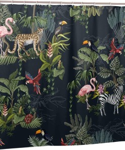 Jungle Animals Shower Curtain Monkey Flamingo Zebra Flowers Trees, Bathtub Decorative Fabric Waterproof Curtain