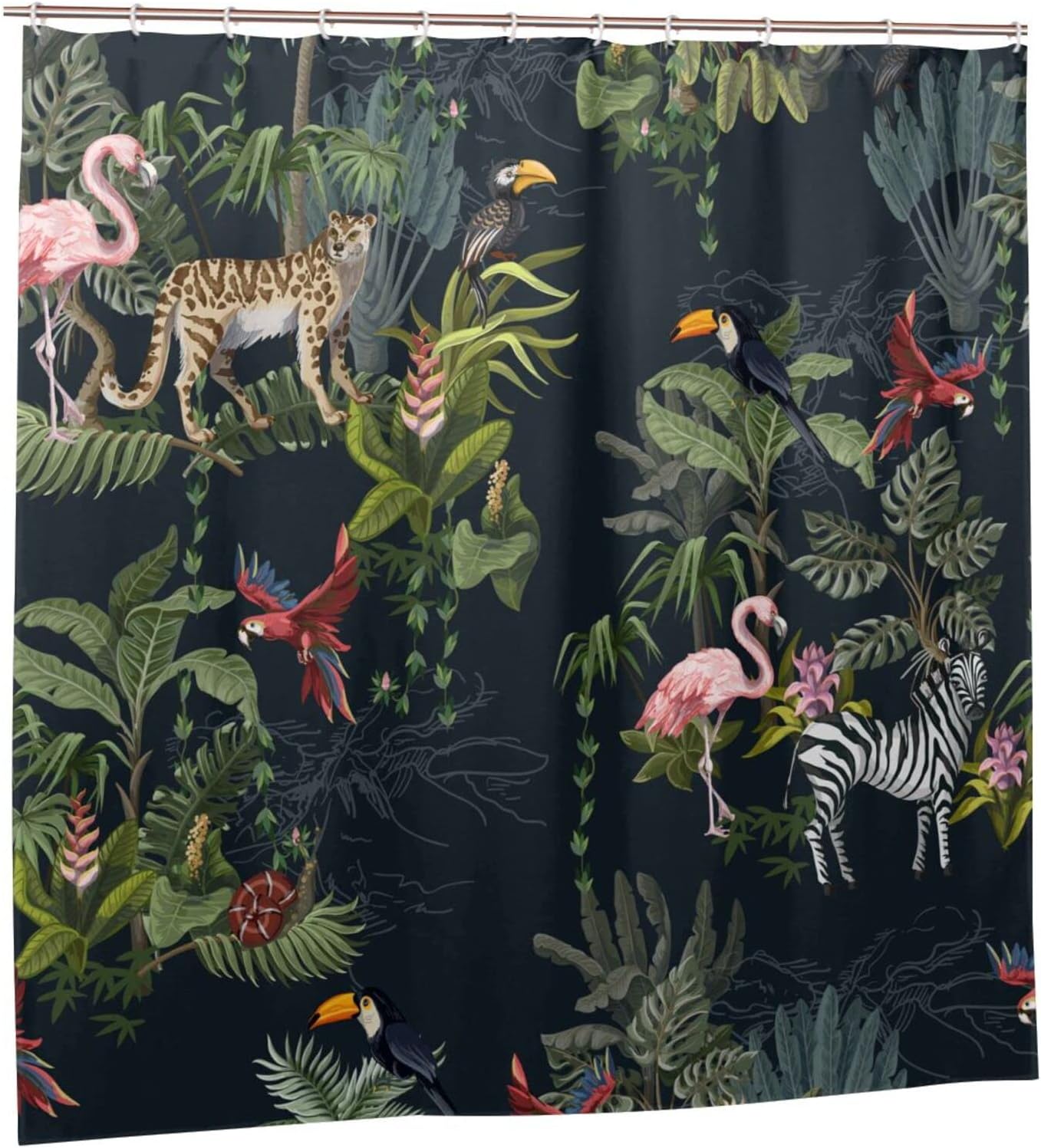 Jungle Animals Shower Curtain Monkey Flamingo Zebra Flowers Trees, Bathtub Decorative Fabric Waterproof Curtain