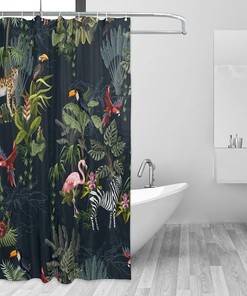 Jungle Animals Shower Curtain Monkey Flamingo Zebra Flowers Trees, Bathtub Decorative Fabric Waterproof Curtain