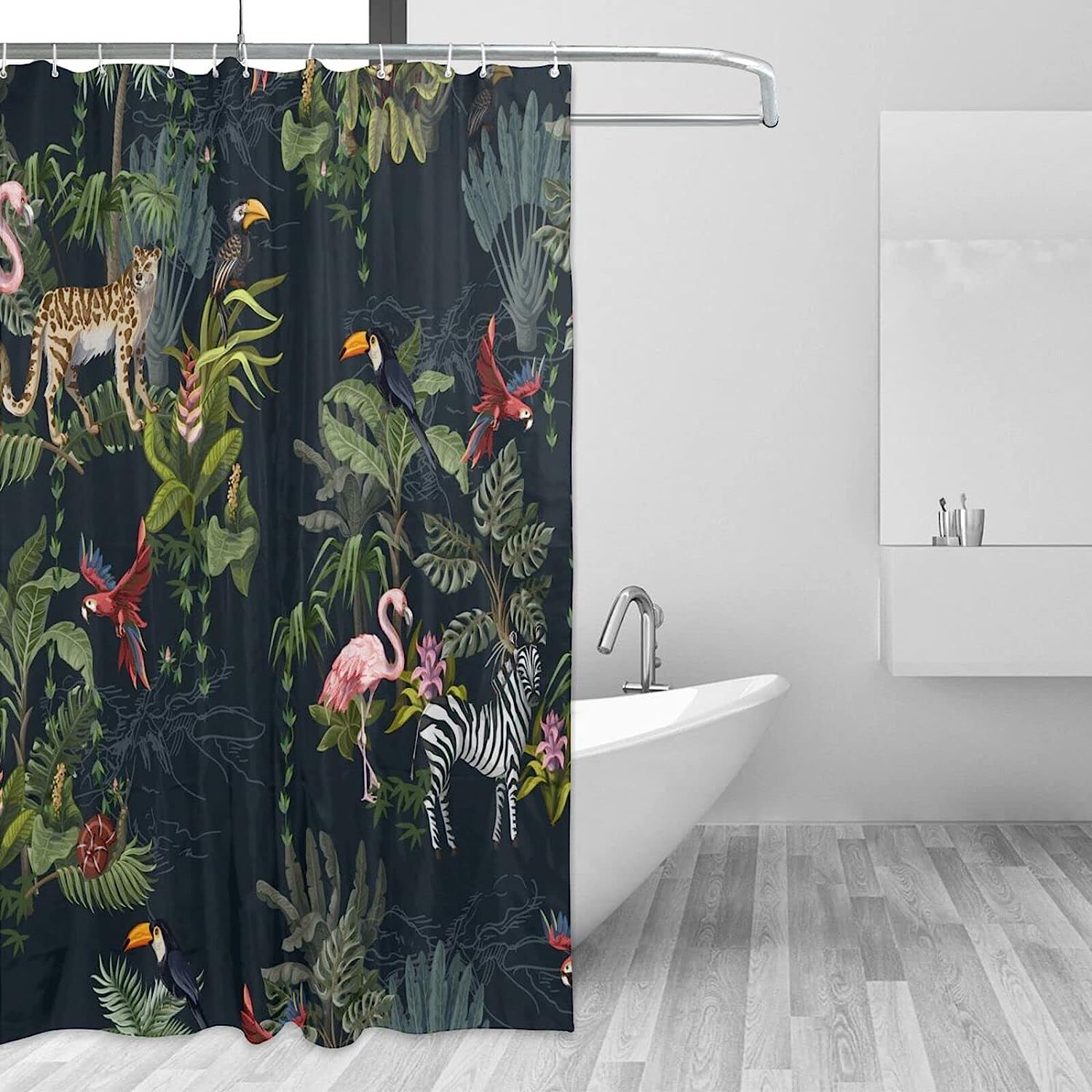 Jungle Animals Shower Curtain Monkey Flamingo Zebra Flowers Trees, Bathtub Decorative Fabric Waterproof Curtain