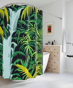 Jungle Art Print Waterfall Shower Curtain, Rustic Bathroom Decor with Jungle and Waterfall Design