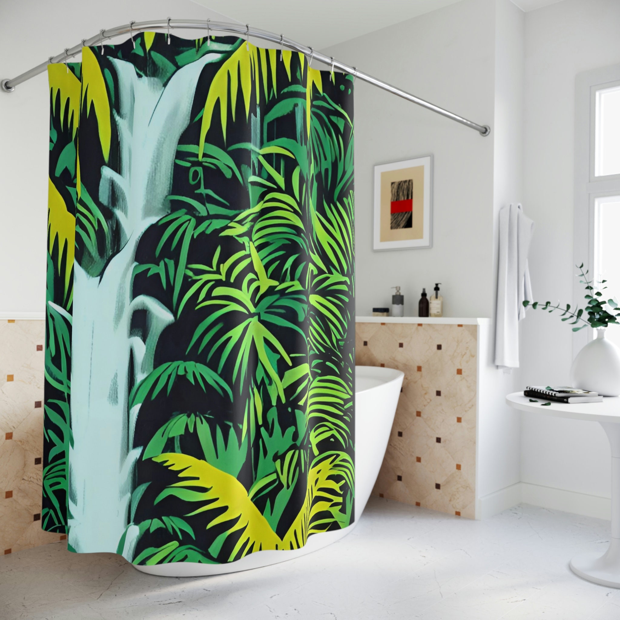 Jungle Art Print Waterfall Shower Curtain, Rustic Bathroom Decor with Jungle and Waterfall Design