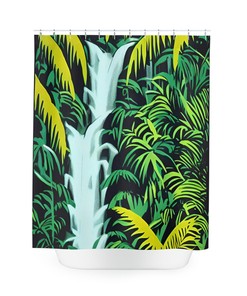 Jungle Art Print Waterfall Shower Curtain, Rustic Bathroom Decor with Jungle and Waterfall Design