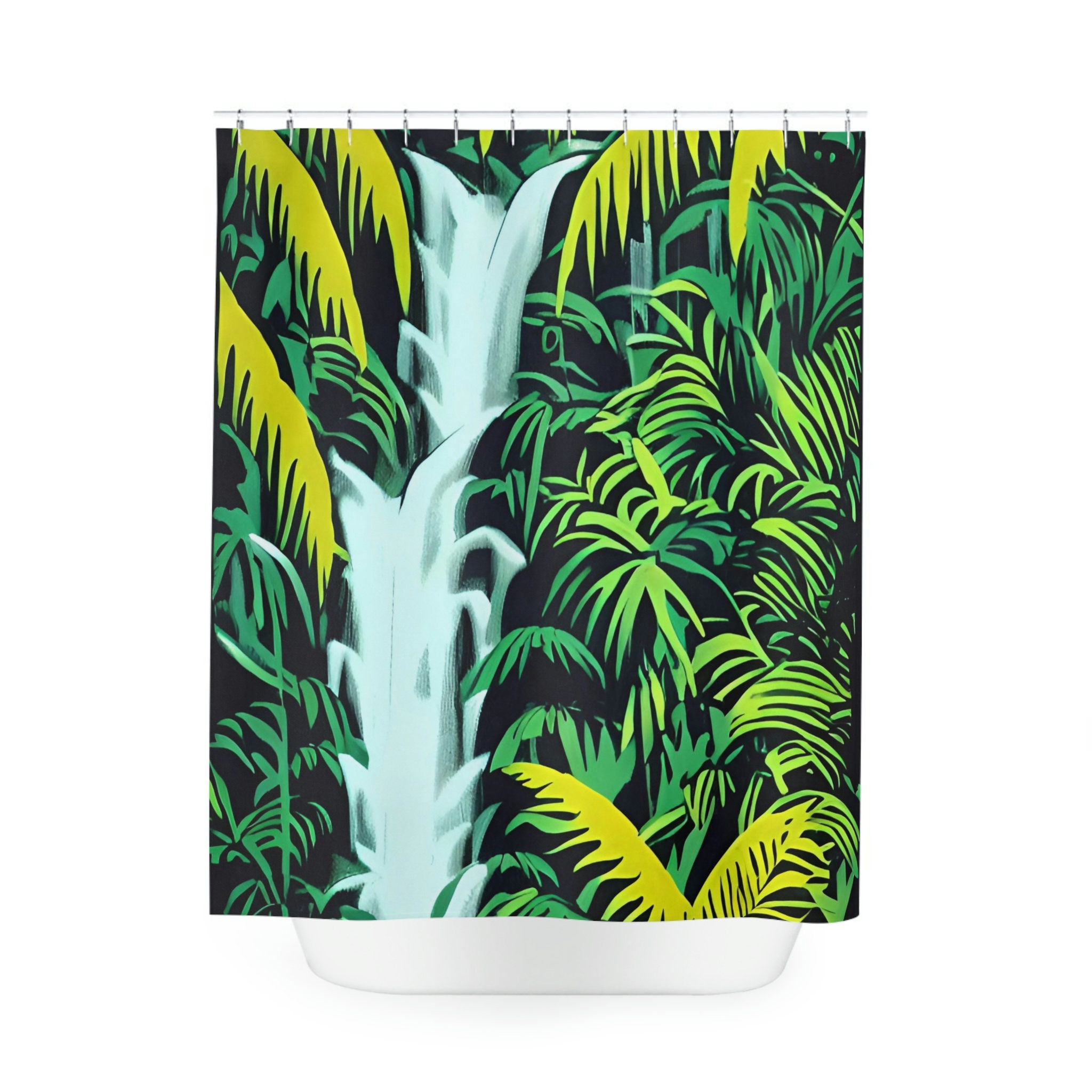 Jungle Art Print Waterfall Shower Curtain, Rustic Bathroom Decor with Jungle and Waterfall Design