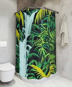 Jungle Art Print Waterfall Shower Curtain, Rustic Bathroom Decor with Jungle and Waterfall Design