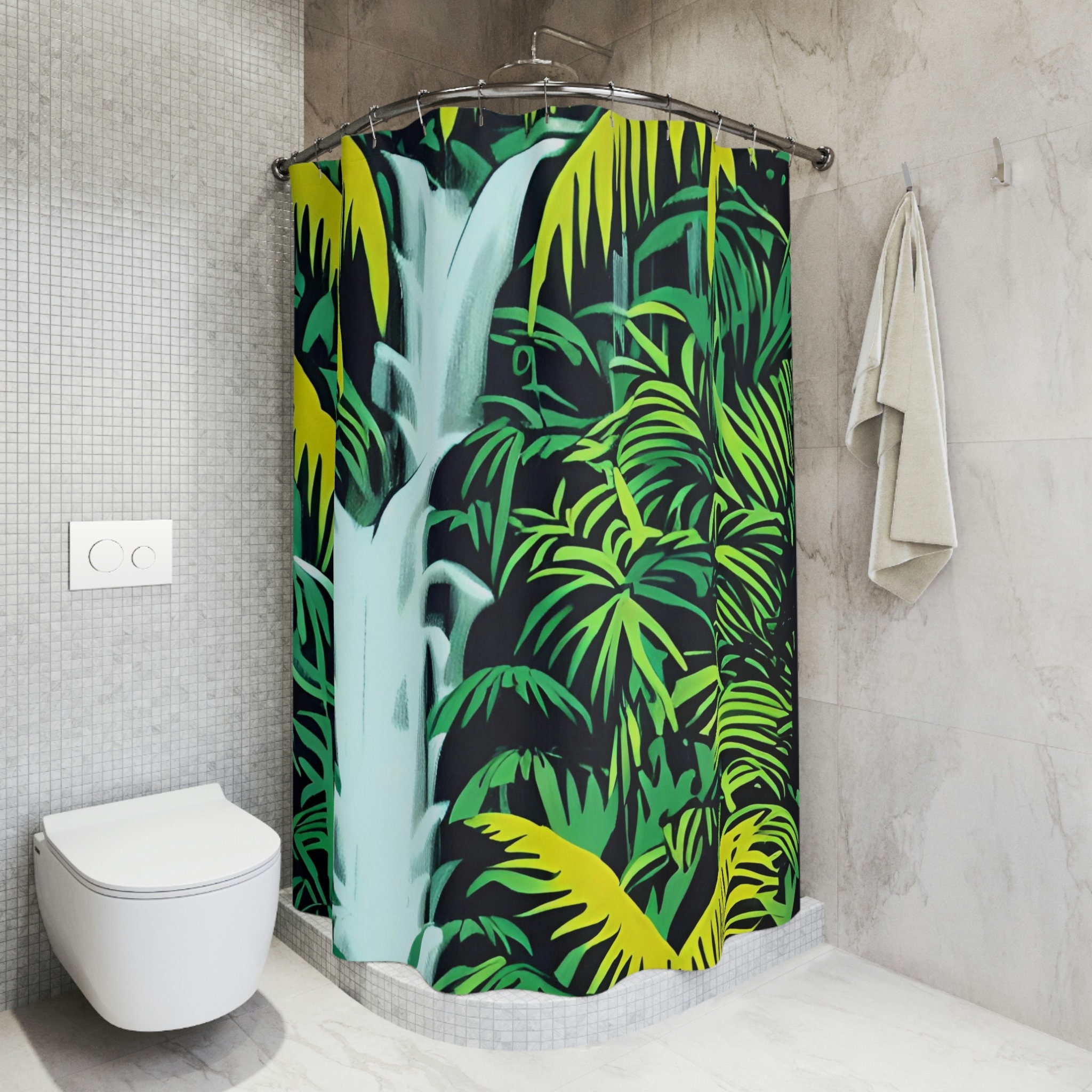 Jungle Art Print Waterfall Shower Curtain, Rustic Bathroom Decor with Jungle and Waterfall Design
