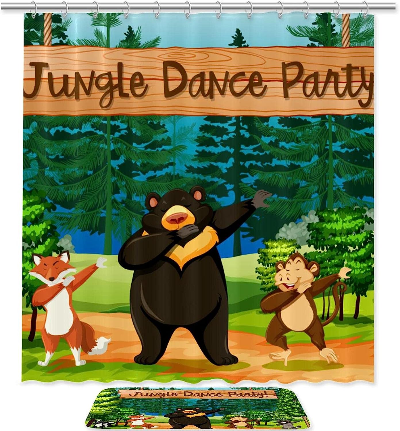 Jungle Dance Party Bear Skunk Fox Waterproof Shower Curtain for a Fun Kids Bathroom
