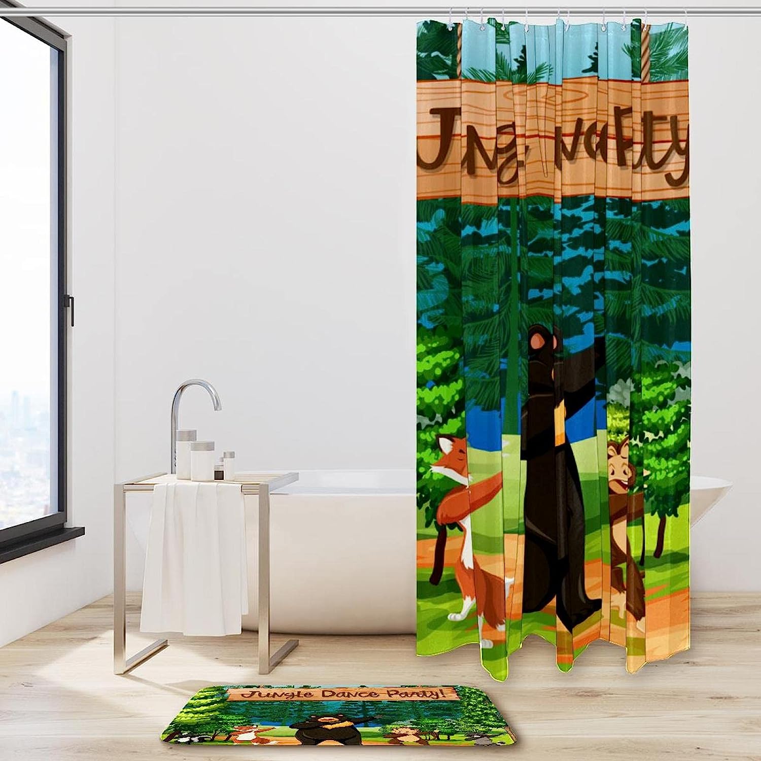 Jungle Dance Party Bear Skunk Fox Waterproof Shower Curtain for a Fun Kids Bathroom