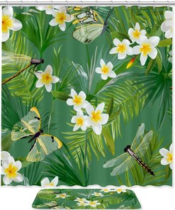 Jungle Floral Palm Tree Leaves Dragonflies Pattern Liner Shower Curtain for a Botanical Look