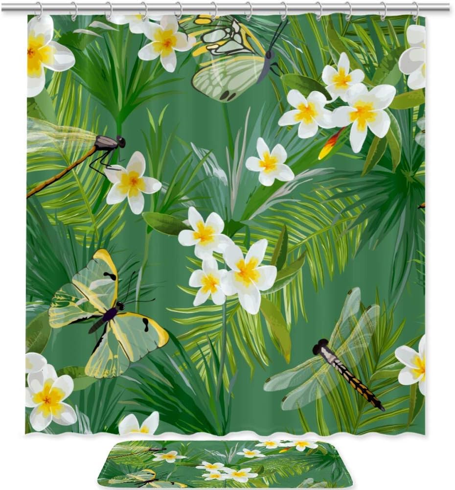 Jungle Floral Palm Tree Leaves Dragonflies Pattern Liner Shower Curtain for a Botanical Look
