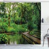Jungle Forest Shower Curtain | Wooden Pier & River Nature Image | Cloth Fabric Bathroom Decor (Hunter Green Brown)