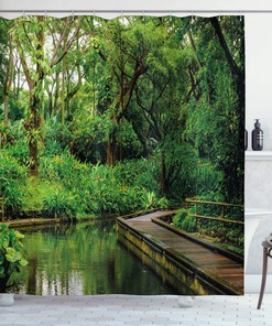 Jungle Forest Shower Curtain | Wooden Pier & River Nature Image | Cloth Fabric Bathroom Decor (Hunter Green Brown)
