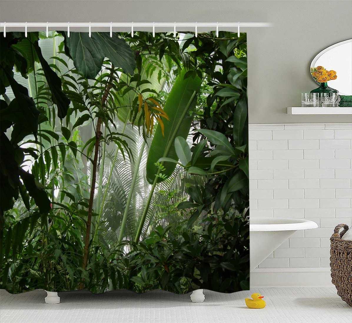 Jungle Green Leaves Watercolor Tropical Plants Banana Shower Curtain