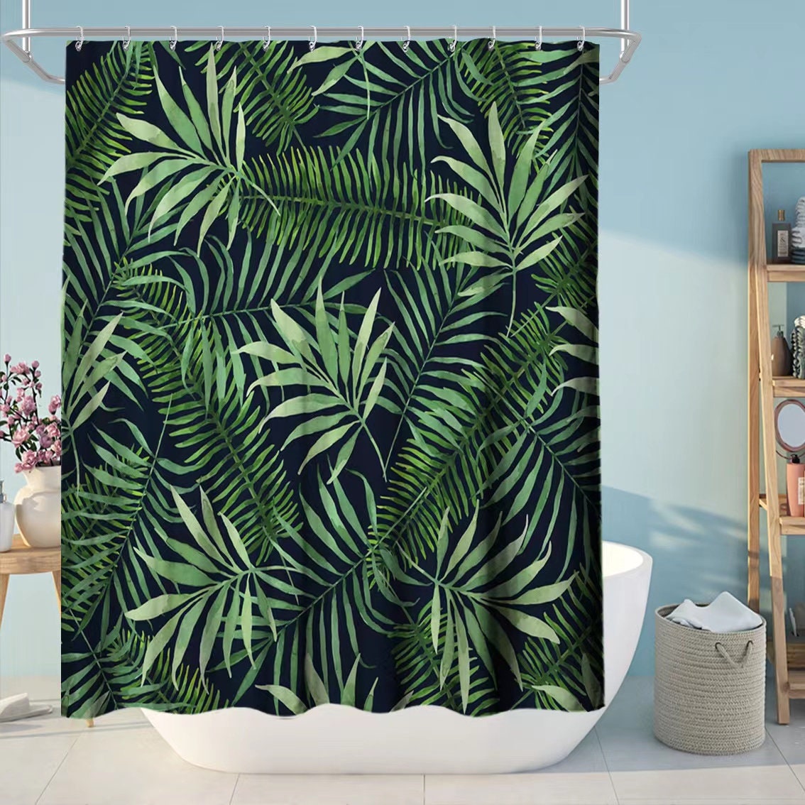 Jungle Green Leaves Watercolor Tropical Plants Banana Shower Curtain