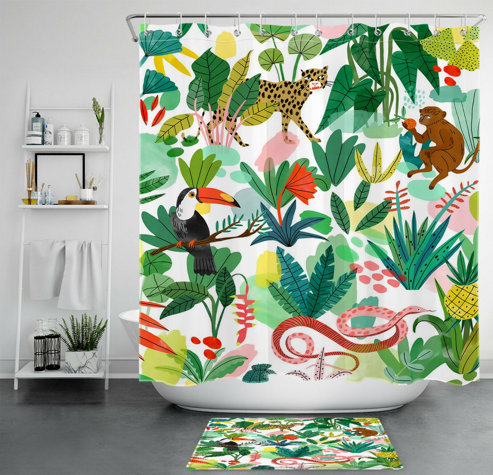 Jungle Inspired Cartoon Wild Animal Tiger Monkey Shower Curtain For Bathroom Decor