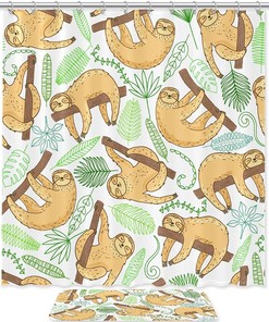 Jungle Leaves Sloth Vintage Bathroom Shower Curtain 