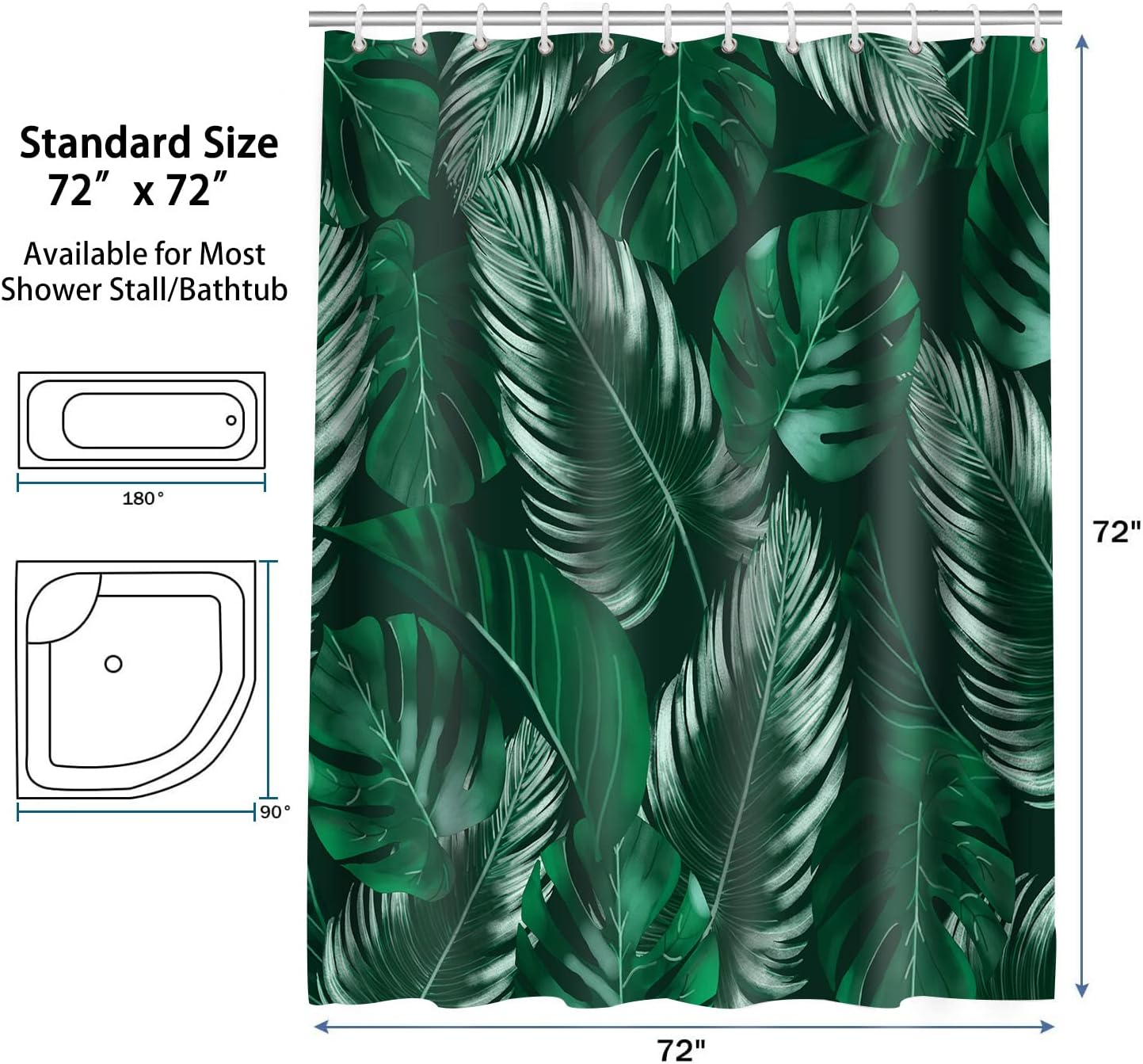 Jungle Leaves Tropical Shower Curtain Fabric for Bathrooms
