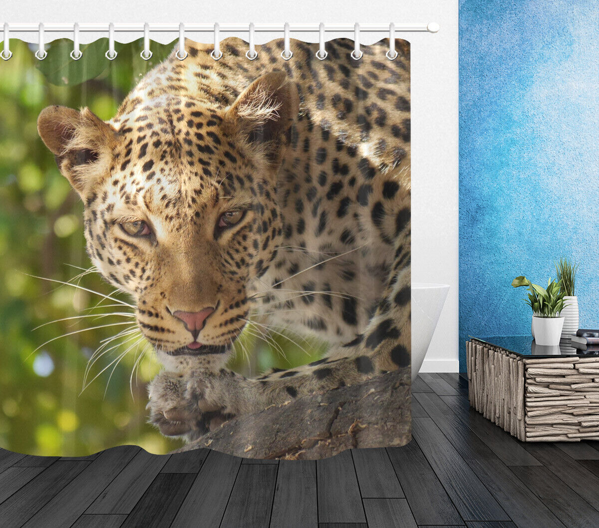 Jungle Leopard Staring Print Waterproof Fabric Shower Curtain For Bathroom - Image 2