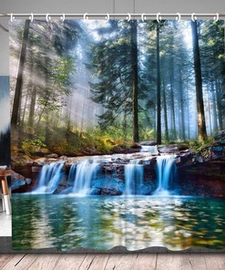 Jungle Misty Forest Waterfall Shower Curtain for Scenic Nature Bathroom Decor 