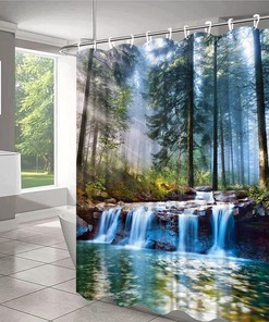 Jungle Misty Forest Waterfall Shower Curtain for Scenic Nature Bathroom Decor