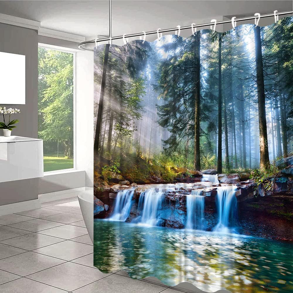 Jungle Misty Forest Waterfall Shower Curtain for Scenic Nature Bathroom Decor